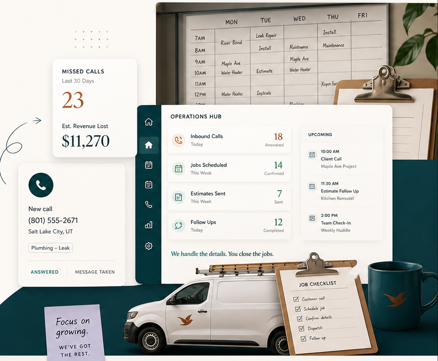 Layered operations dashboard with missed calls, a schedule board, job checklist, service van, and Early Bird coffee mug