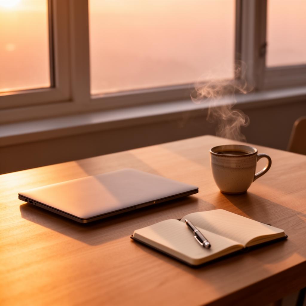 A warm desk scene with a laptop and notebook at dawn